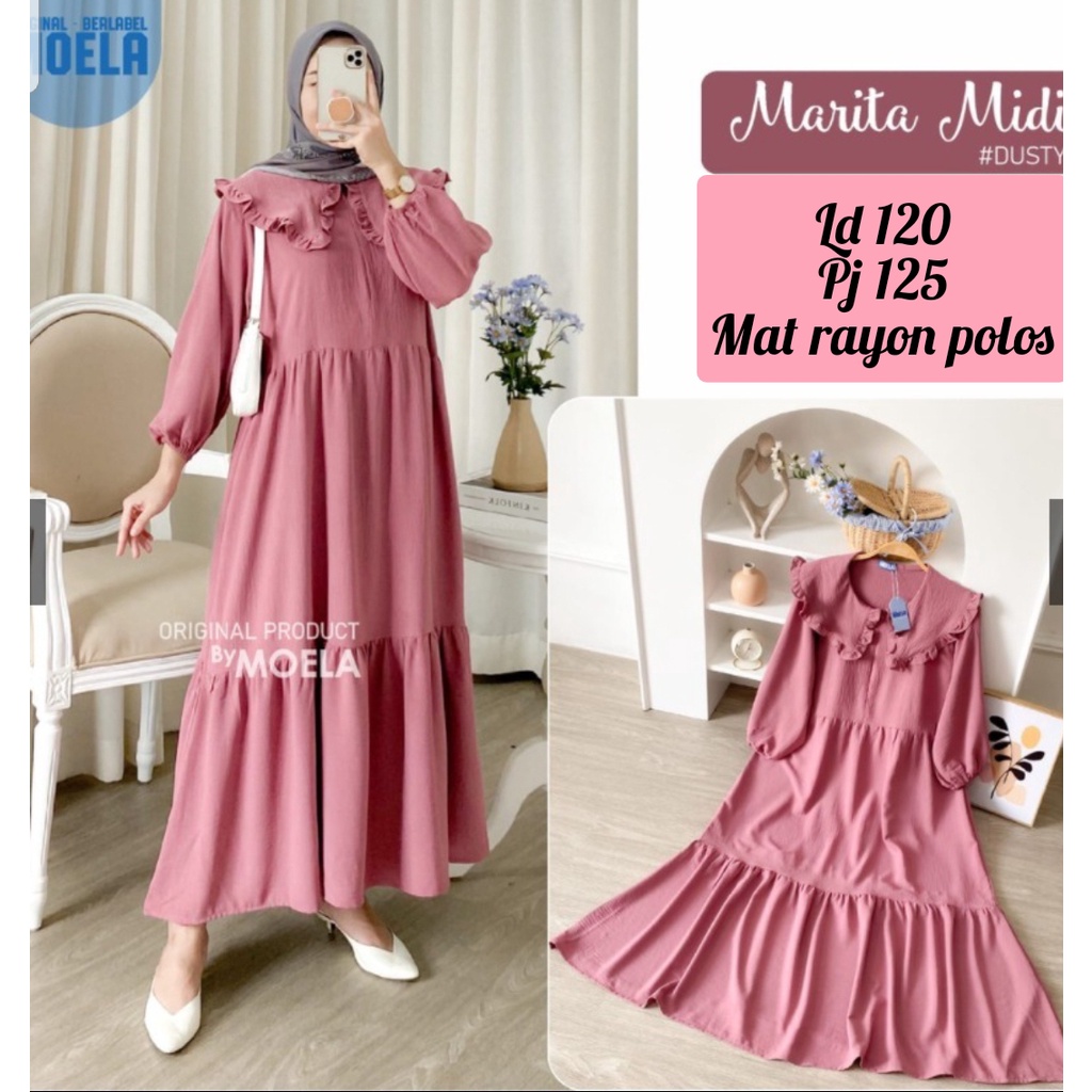 Midi dress/ midi dress rayon/ midi dress jumbo/ midi dress muslim / Dress muslimah / midi dress ld 120cm / dress jumbo/ midi dres/ dress rayon-MARITA PINK MIDI