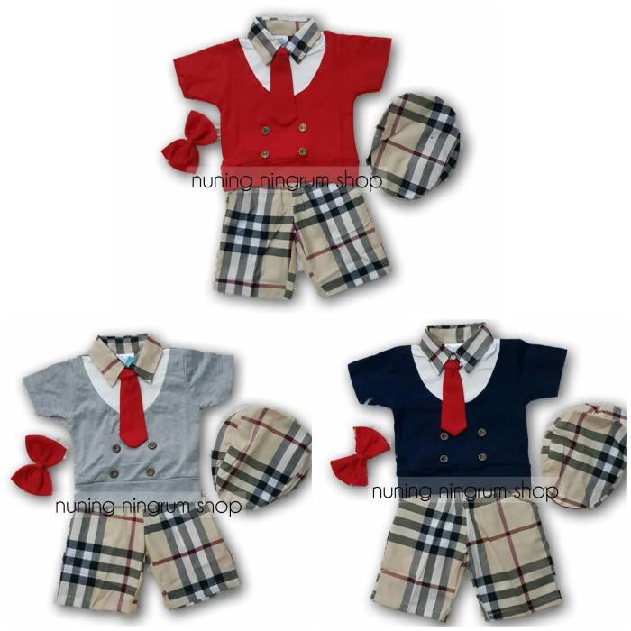 56 Baju Setelan Anak Bayi Cowok Laki-Laki Burberry Set Topi Dasi - Abu-Abu, Size L