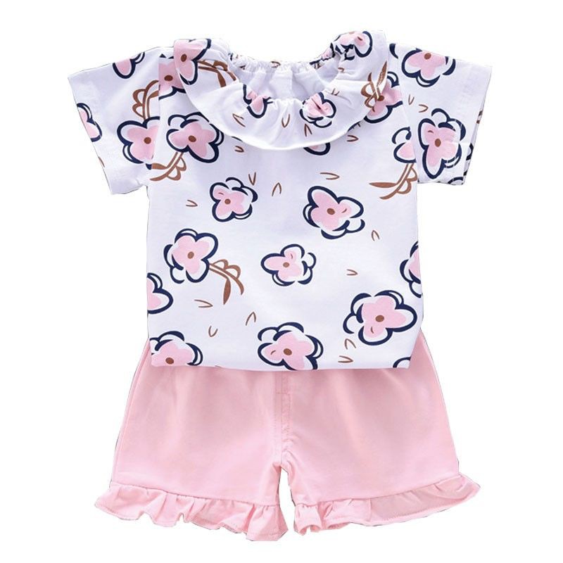 Baju anak cewek setelan perempuan lengan pendek+celana pendek motif bunga import-7