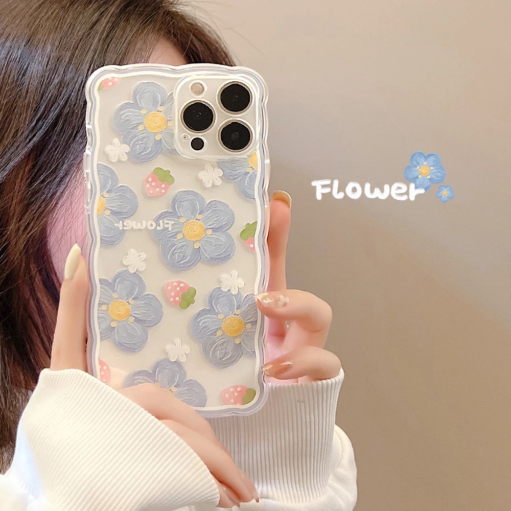 IPHONE Casing Ponsel Bunga Blueberry Gelombang Kreatif Kompatibel Untuk Iphone13 12 11 Pro Max12 13 Mini XS Max X XS XR 7 8 Plus SE 2020 Lembut TPU Penutup Belakang