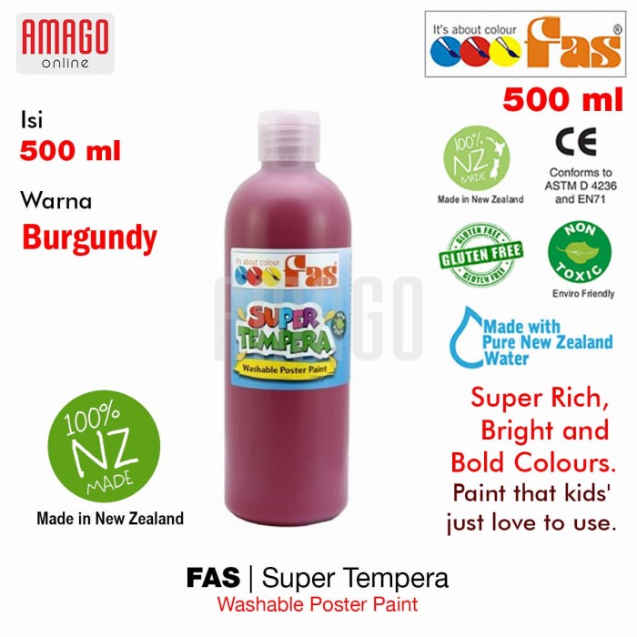 FAS - SUPER TEMPERA WASHABLE POSTER PAINT - 500 ml - BURGUNDY - 033