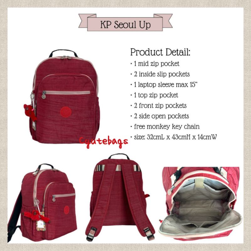 Tas ransel wanita laptop kerja travel Kipling seoul up dazz series backpack large