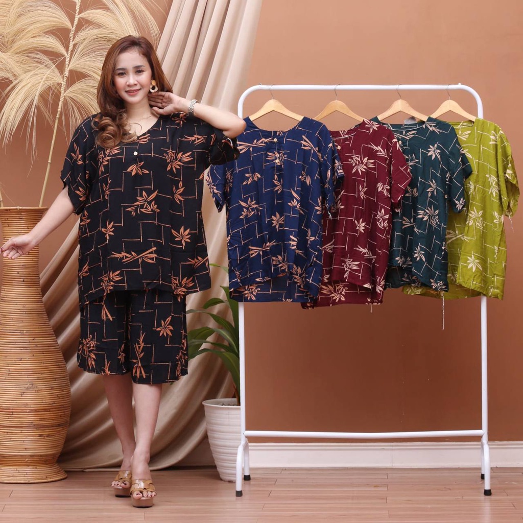 BAJU TIDUR WANITA SETELAN ONESET PIYAMA KULOT SUPER JUMBO KEKINIAN  BUSUI BUMIL ( ROHMAH GELOMBANG OVAL SELEDRI CABUTAN )-KJ NINA PRING CBTAN