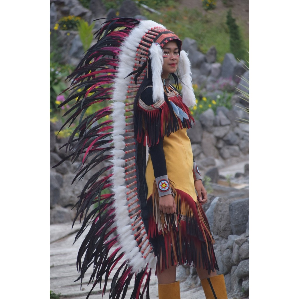 TOPI INDIAN - INDIAN HEADDRESS LONG AYAM BILABONG MERAH FUR PUTIH