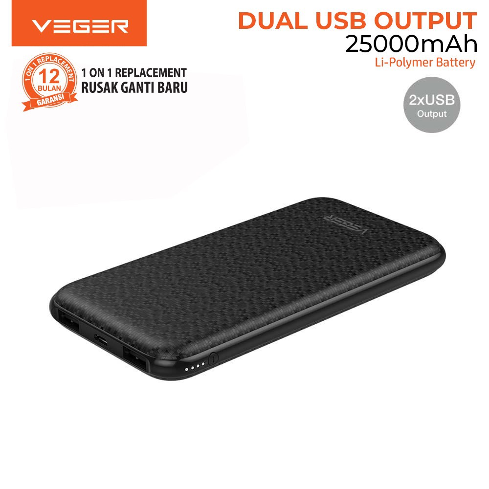 Power Bank VEGER 25000mAh V16 Slim 2 Port USB Output Original Garansi 1 Tahun