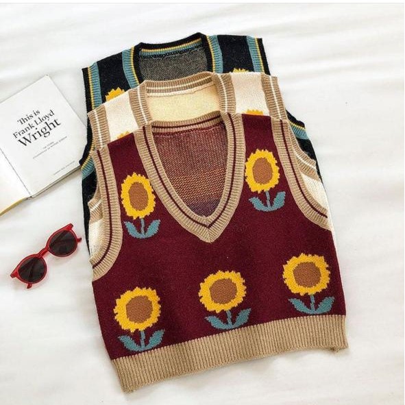 RETRO SUNFLOWER VEST KNITED / ROMPI RAJUT IMPORT FLOWER BUNGA