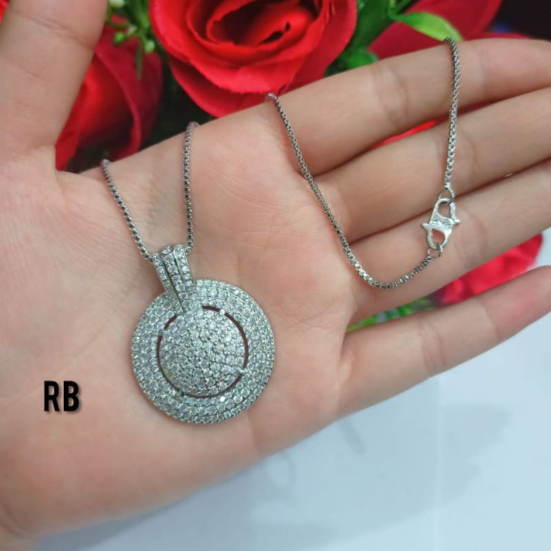 Fourfashion Kalung+Liontin Full Permata Bulat Lapis Emas Putih Kekinian PD078