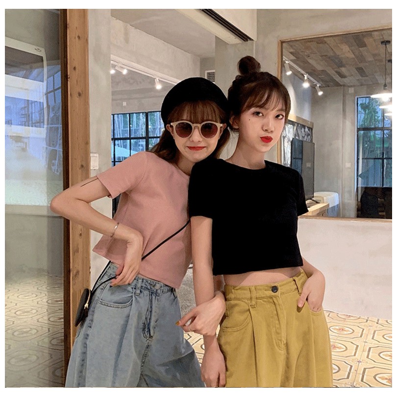 KBS-49 kaos crop top lengan pendek polos casual simple look import korea jepang