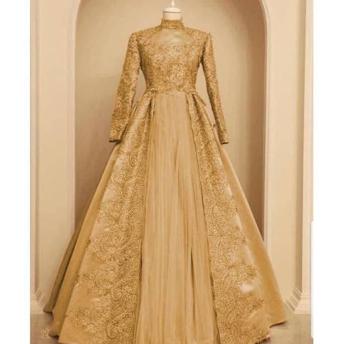 baju pesta mewah gamis nuraini gold xl brukat gaun remaja nur ta