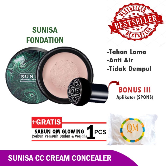 lady SUNISA Water Beauty and Air CC Cream Foundation BB Cream With mushroom Sponge Original - Sunisa Water Beauty And Air Pad CC Cream +GRATIS QM BRIGHTENING SOAP / Cushion Sunisa Korea Tahan Lama-20gr