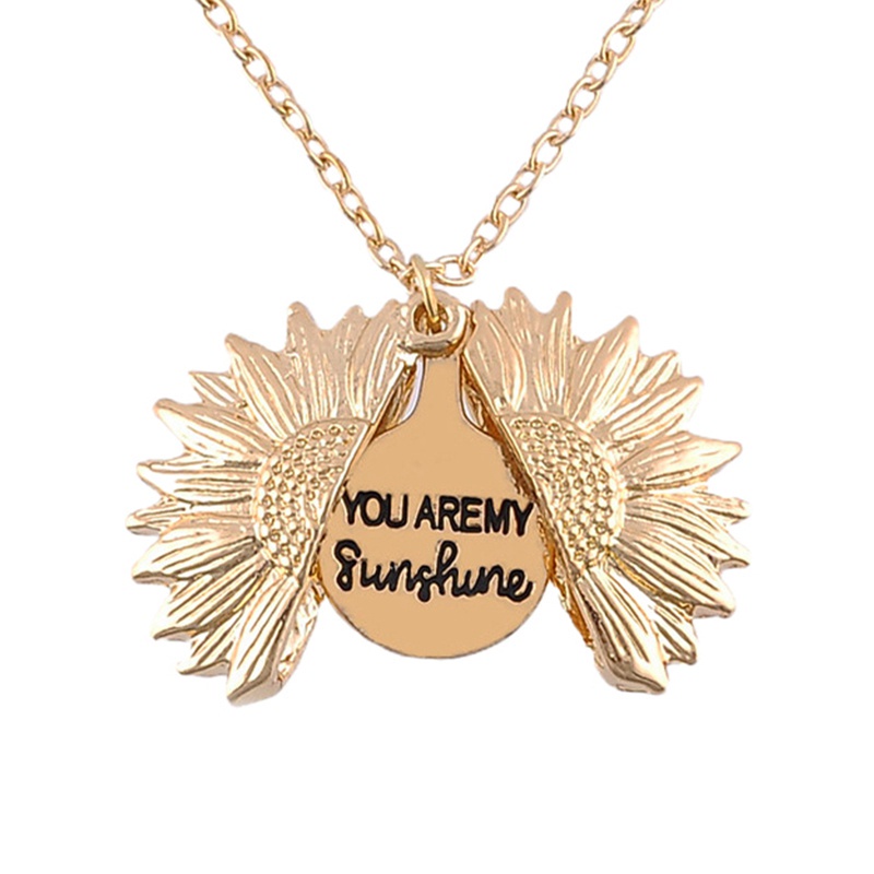 【Ready Stock】Vintage Women Gold Silver Rose Gold Pendant Lover Couple Necklaces You Are My Sunshine Open Locket Sunflower Long Necklace