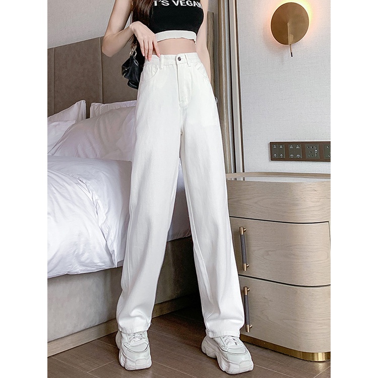 Denim celana wide-leg perempuan high-waist longgar lurus-kaki celana panjang