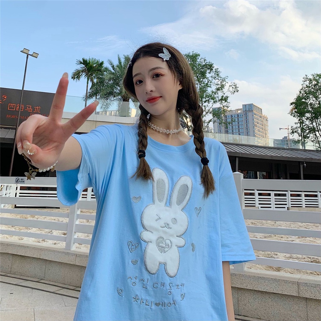 [littlecrab] Kaos Oversize Bunny Bulu With Korean Letter Writing Tshirt Kelinci Lembut Berkualitas T-shirt Bunny Love Soft Color Putih Pink Biru Kaos Unik Cute Tshirt With Soft Fur Kaos Couple Unisex Korean Style