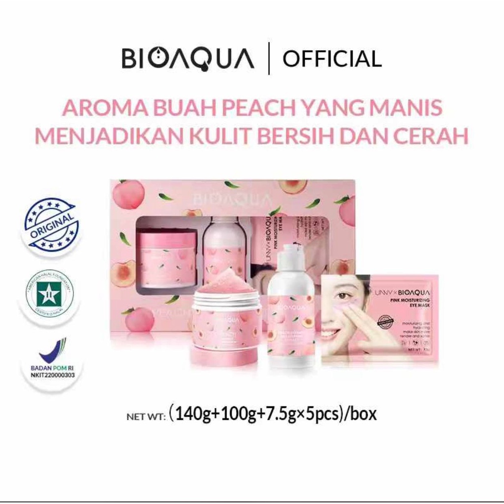 BIOAQUA Peach Body Care Series Set With Body Scrub/Body Lotion/Eye Mask Menghidrasi dan Melembapkan