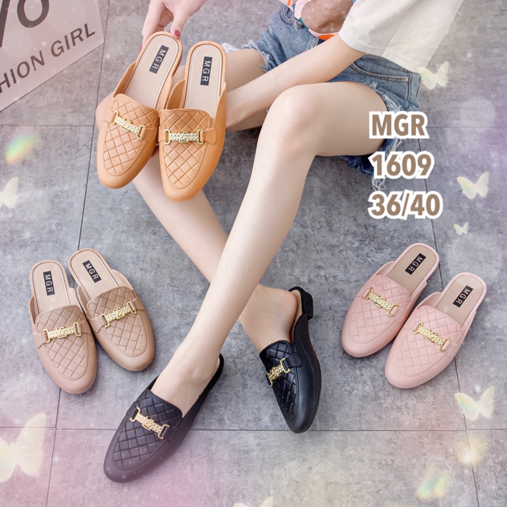 Sepatu Slop mules korea Jelly Karet Wanita Gesper LV Hak 3 cm Cantik Elegan Formal Mewah Impor MGR Mokaya Balance(1609/009)/ Size 36-40