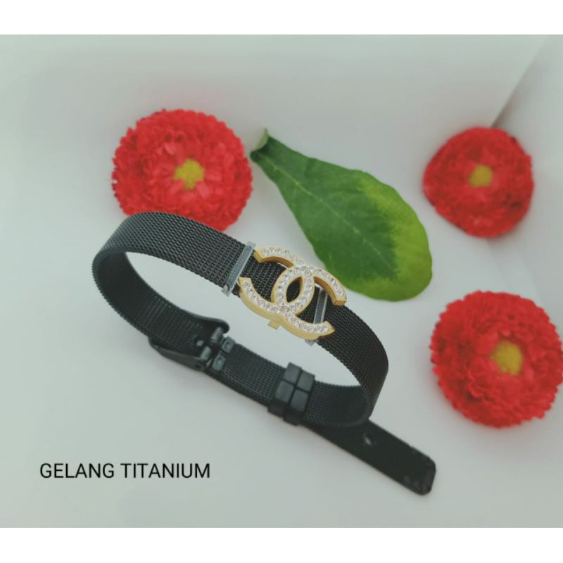 Fourfashion Gelang Titanium Motif Jam Tangan Chennel Permata Premium BLACK S066