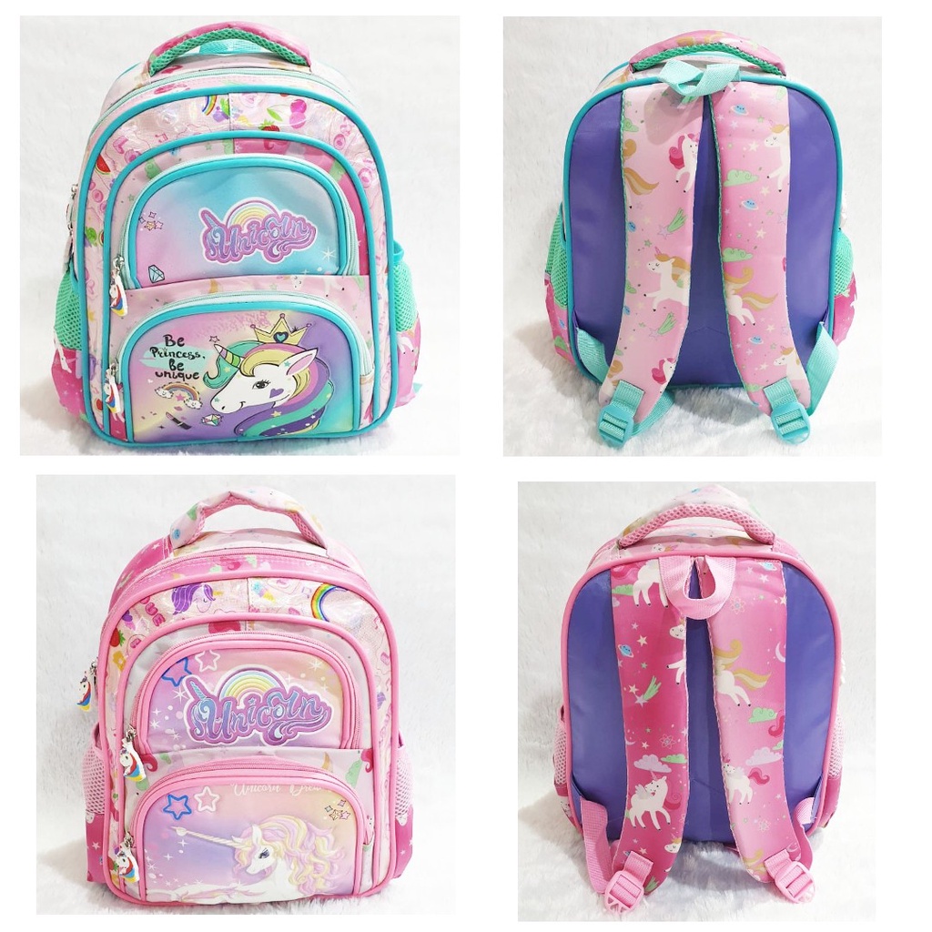 Tas Ransel Anak TK Perempuan Motif Unicorn Blink Blink dengan 3 Kantung, Import dan Material Berkual
