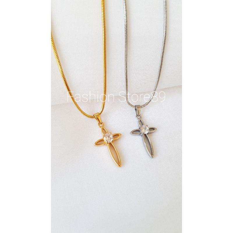 Kalung titanium salib permata gold &amp; white import antikarat
