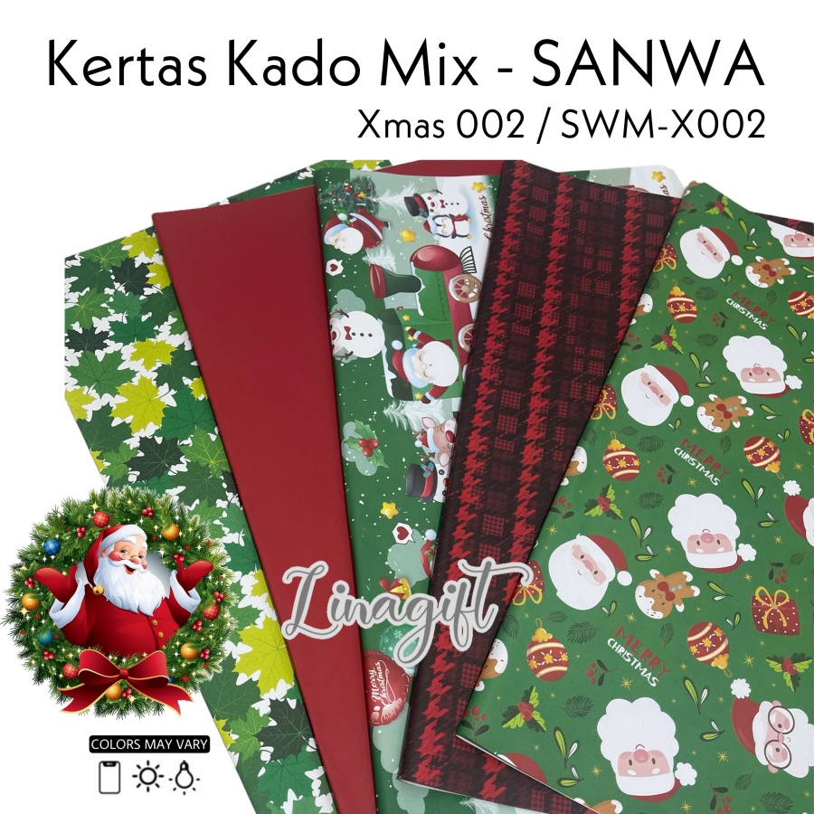 ( 5 Lembar 5 Motif ) XMAS MIX SANWA - KERTAS KADO NATAL - GIFT WRAP PAPER SANSAN WAWA CHRISTMAS SANTA / SNOWMAN / POHON NATAL / RED / GREEN / GOLD