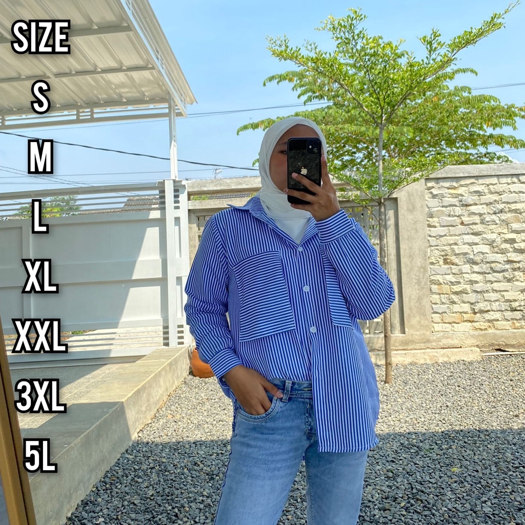 Zraina Kemeja - Size S M L XL XXL 3XL 4XL/5L - Kemeja Salur Jumbo - Kemeja Wanita Salur