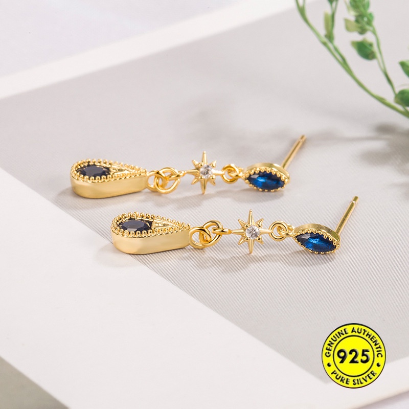 Anting Tusuk Lapis Emas 18K Hias Berlian Biru Gaya Vintage Untuk Wanita