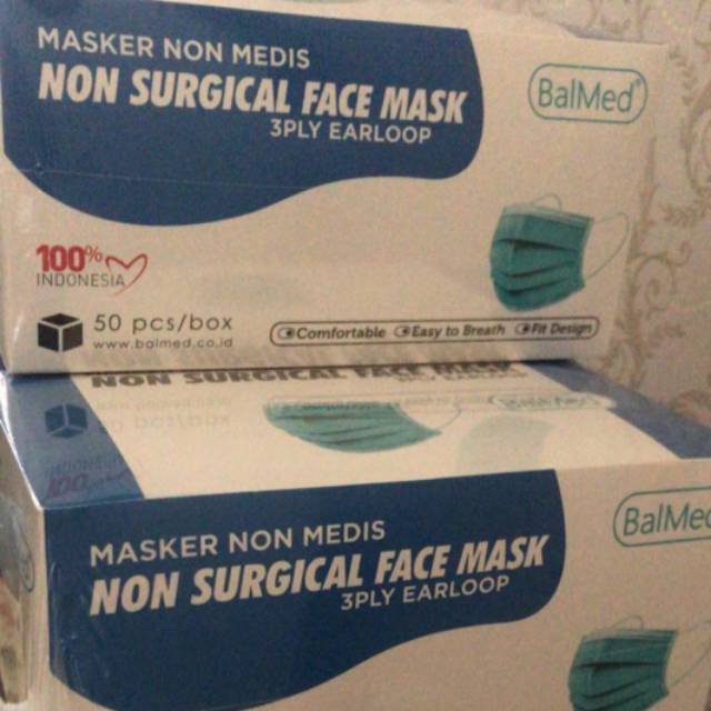 Masker non medis BalMed, Kemasan higienis wrapping plastic per box, 3 ply earloop 50 pcs/box