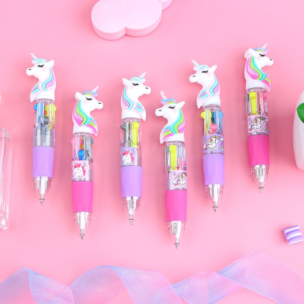 (Hot Sale) Alat Tulis Kantor Sekolah Pena Ballpoint Silikon Kartun Unicorn Mini 4 Warna