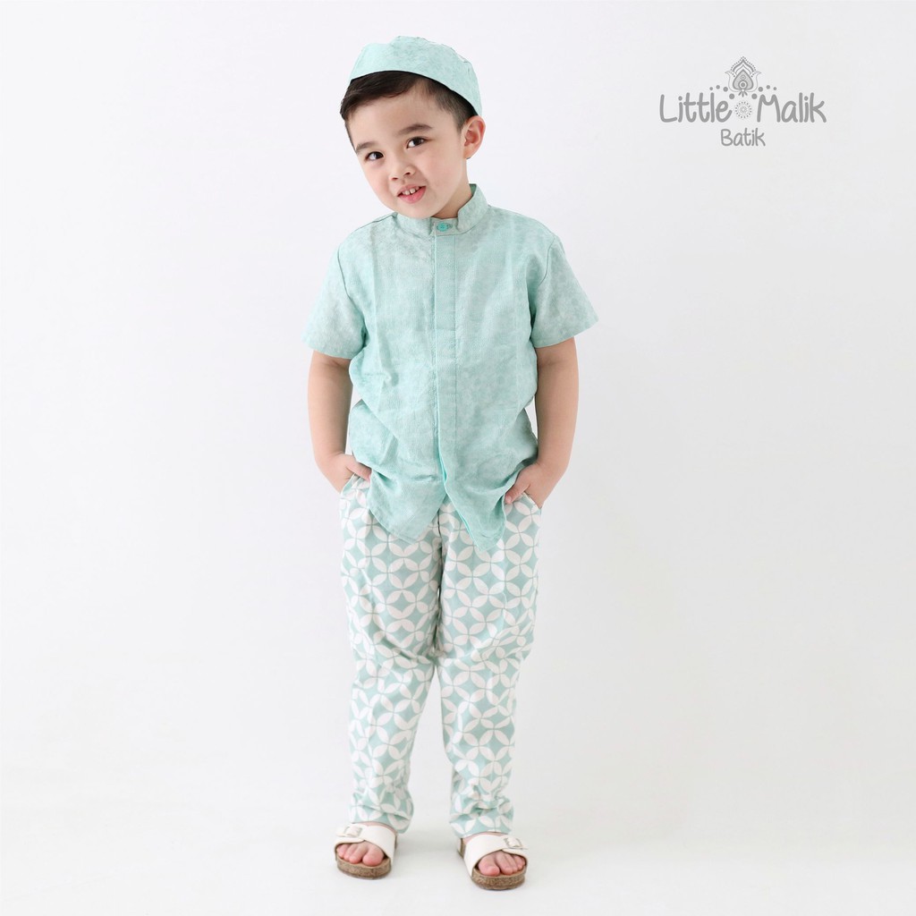 Setelan Kemeja Lengan Pendek Batik Koko Anak By Little Malik Batik, Garutan Dobby Warna Toska