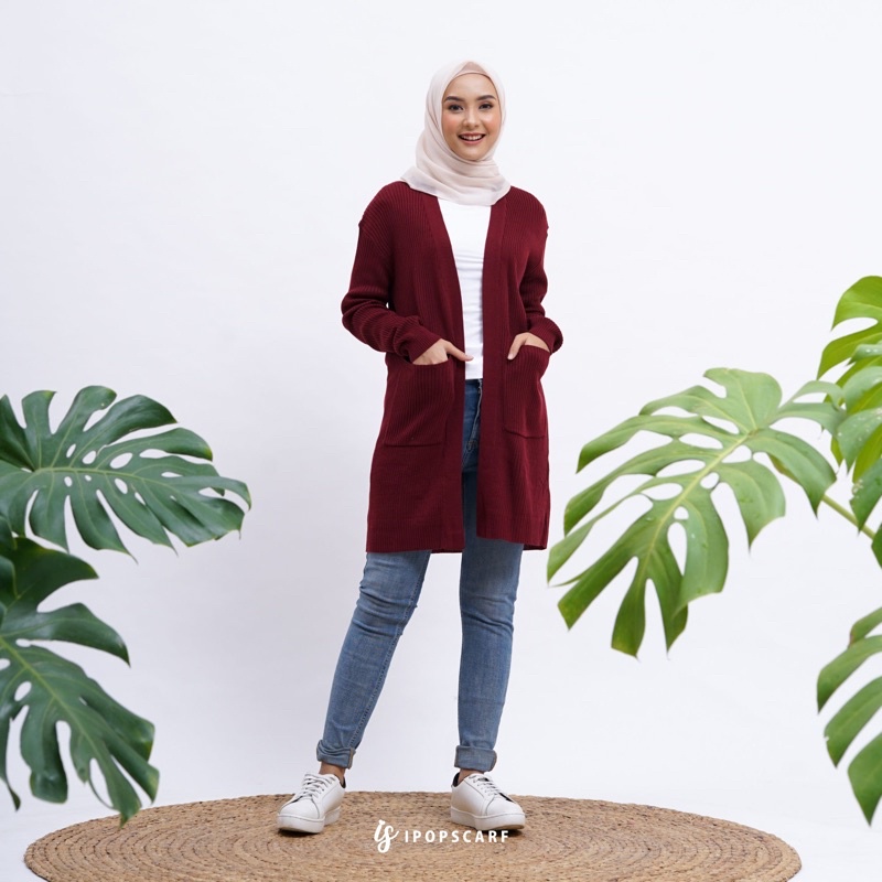 LUMA LONG CARDI | cardigan rajut panjang, soft knit cardigan-MAROON