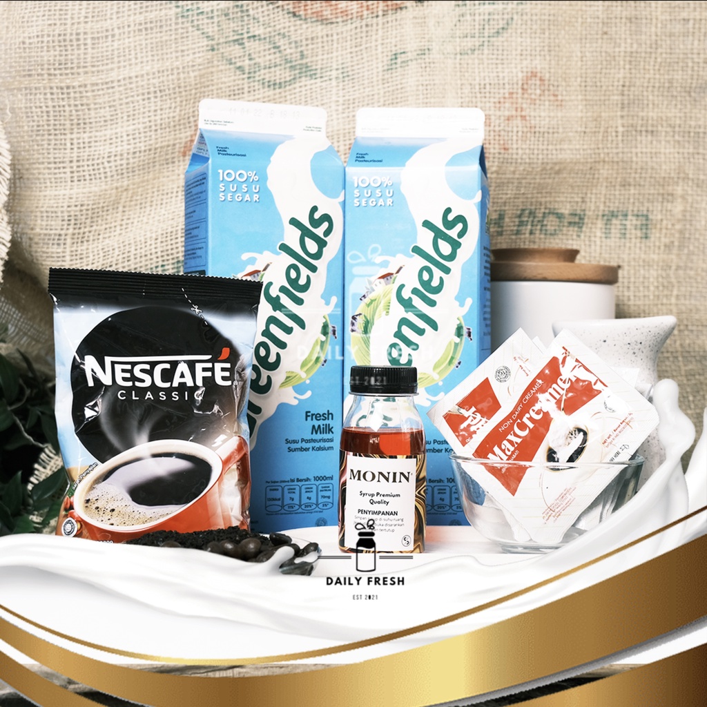 PAKET ES KOPI RUMAHAN MONIN SYRUP NESCAFE MAX CREAMER GREENFIELDS FRESH MILK
