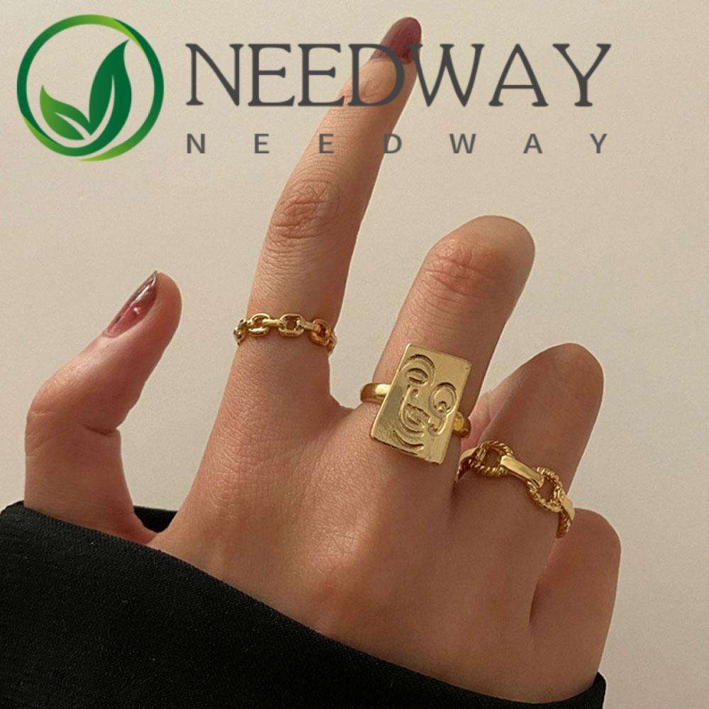 Needway  Women Girls Ring Sets Vintage Fashion Jewelry Open Ring Chain Twist Finger Ring 3Pcs/Set Abstract Smile Geometric Alloy Joint Ring/Multicolor