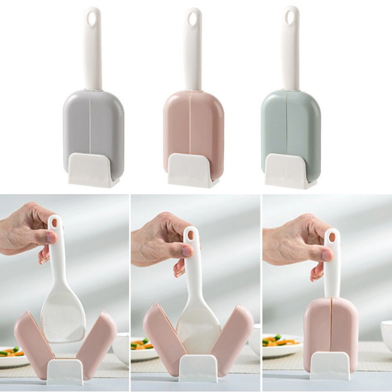 Non-stick Rice Spoon Automatic Open Close Paddle Scoop Dustproof Rice Spoon Storage Rack Set Kitchen Flatware Tool