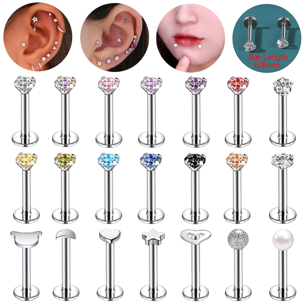 1 Pc 6/8mm Color Crystal Labret Piercing Stainless Steel Lip Studs Tragus Helix Conch Cartilage Earrings Piercings Body Jewelry