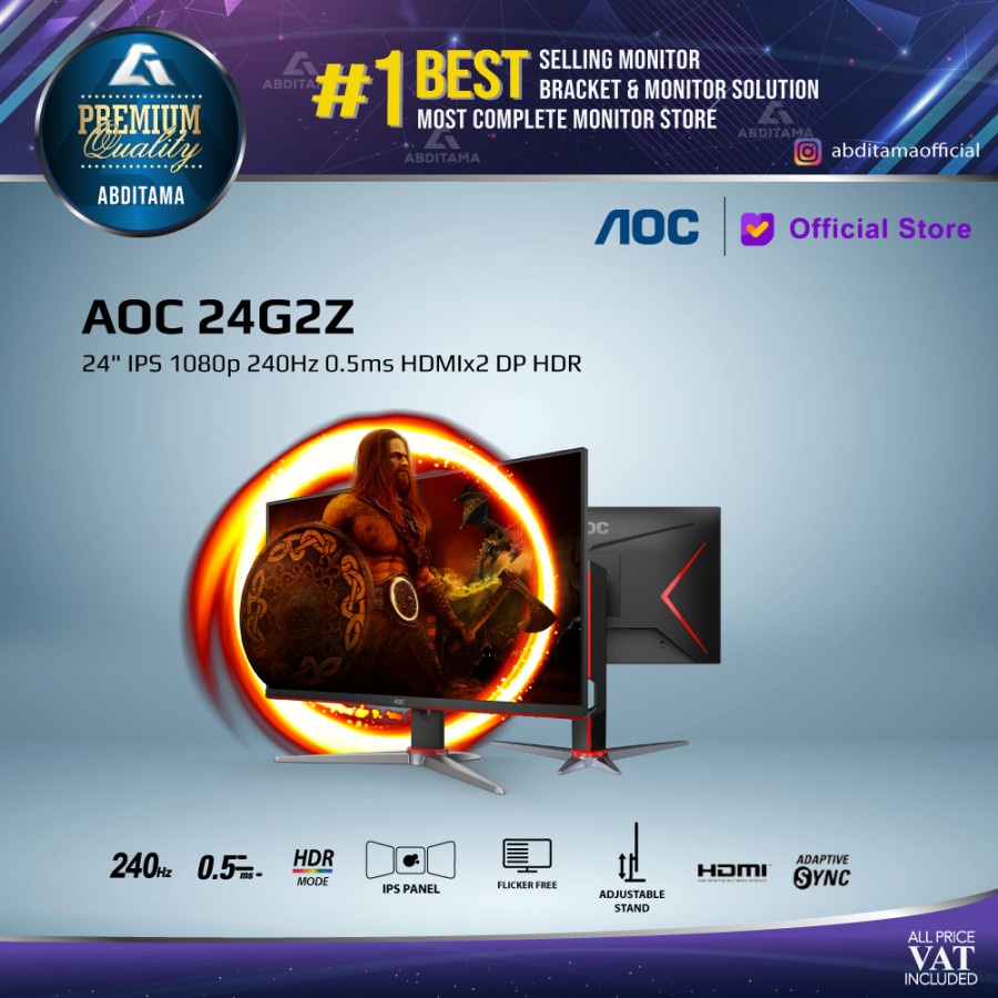 Monitor LED AOC 24G2Z 24&quot; IPS 1080p 240Hz 0.5ms HDMIx2 DP HDR