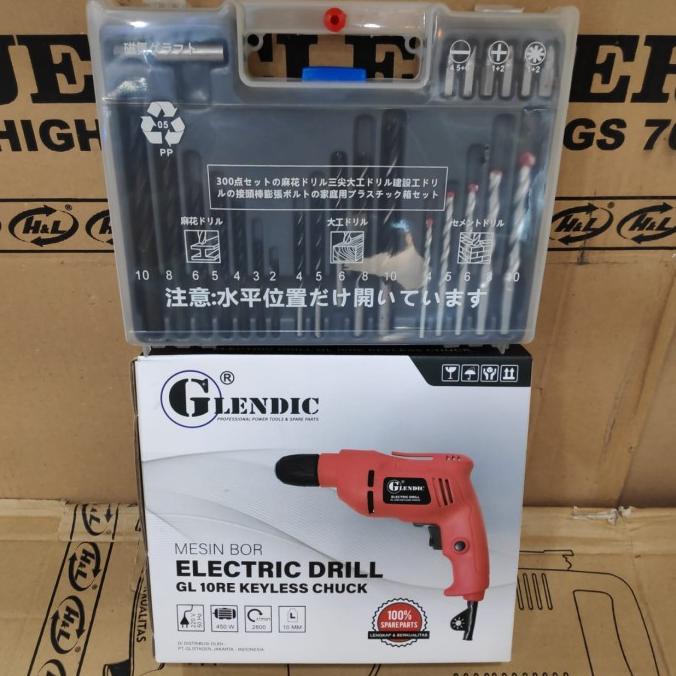 Paket Mesin Bor Listrik 10MM Glendic Mata Bor Set Komplit
