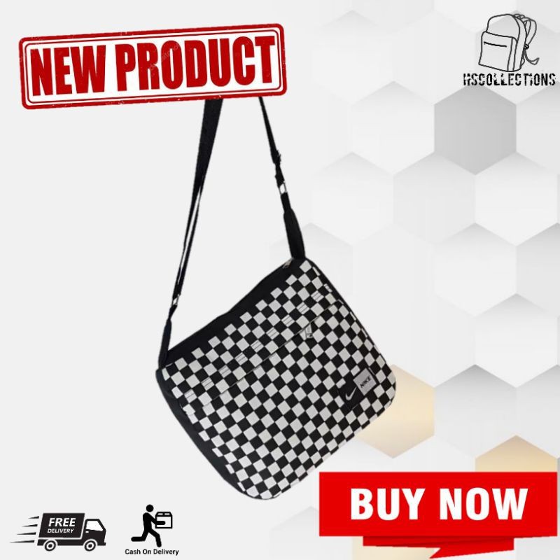 Tas Bahu Slempang Selempang Sling Bag Pria Distro Wanita Motif Catur Kotak Kotak Hitam Putih