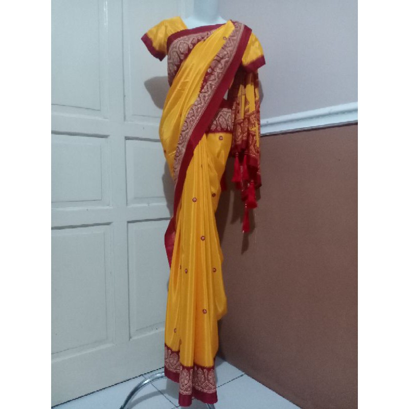 Baju india sari india kuning list merah cetar