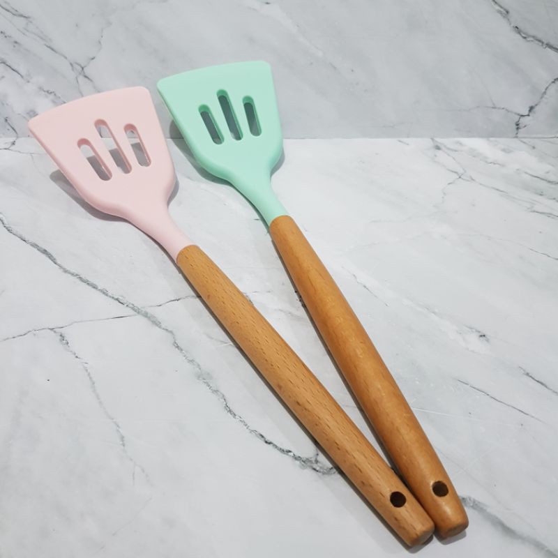 sodet silcone solet spatula masak silicon 34 cm gg kayu TURNER silikon tahan panas