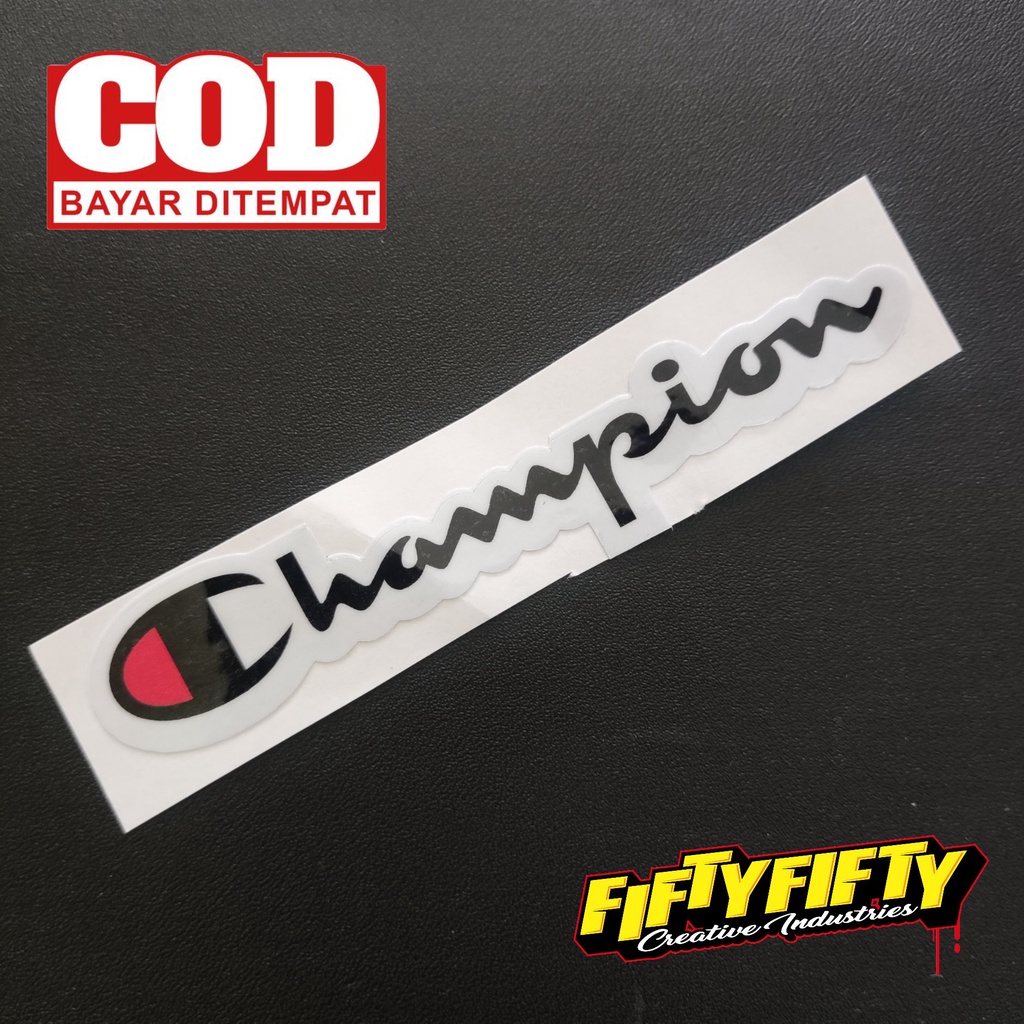 Stiker Print Cut CHAMPION Stiker Printing Laminasi Glossy Stiker Motor Mobil Helm Sudah Membentuk Pola Desain