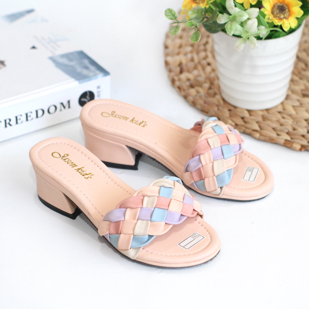 Sandal Heels Anak Perempuan Slop Kokop Kepang Hak Tahu 3 cm S02