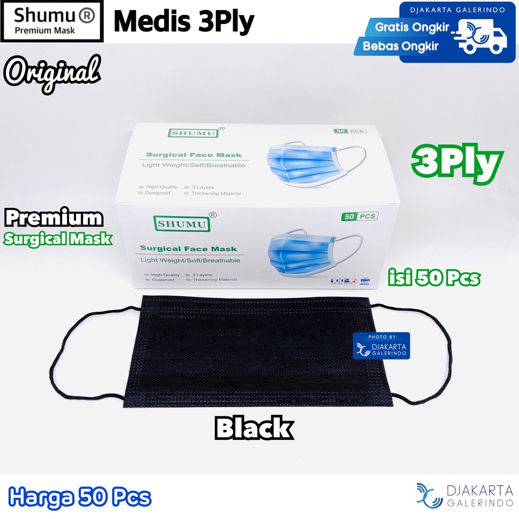 Masker Shumu Earloop Hitam Surgical Medis Mask 3Ply isi 50Pcs