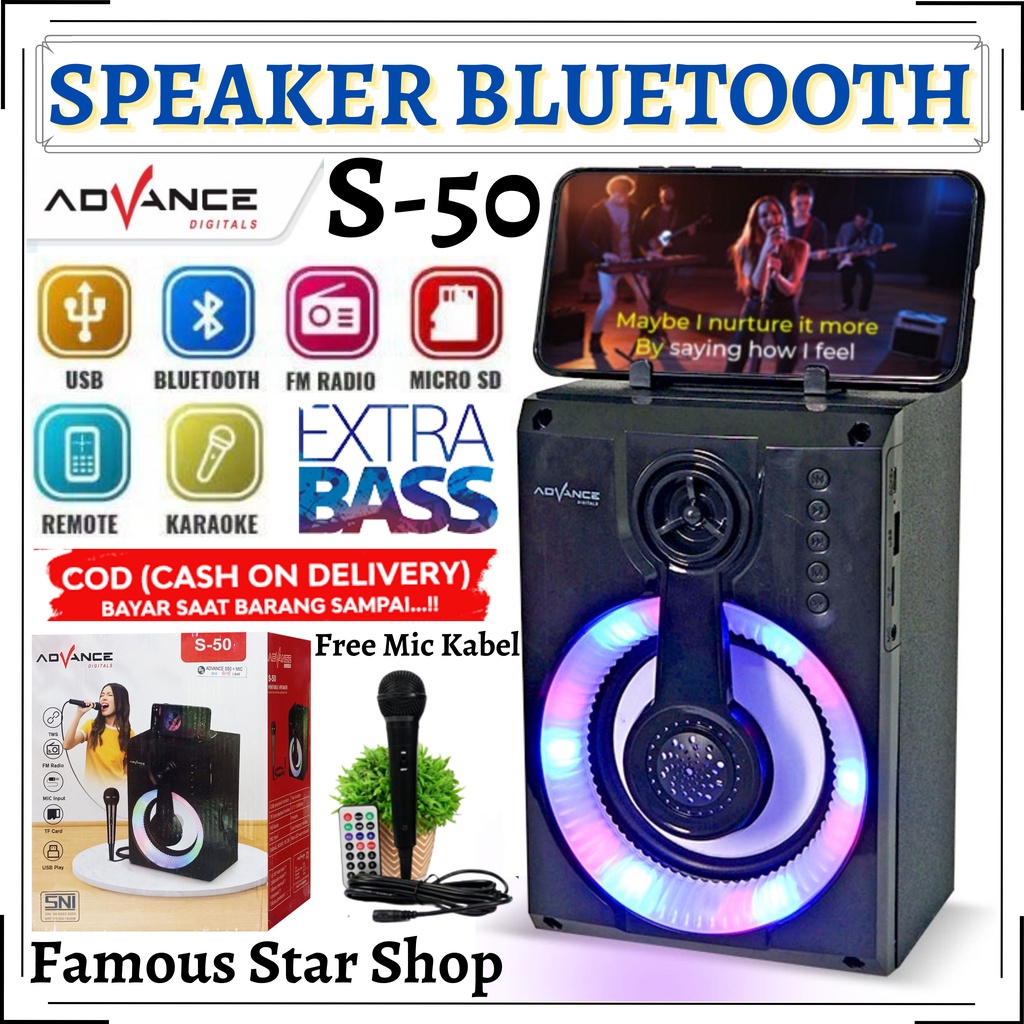 Promo Termurah Speaker Bluetooth Aktif Advance S50 / S 50BT Portable Subwoofer Bass Speaker with FM Radio MP3 Bonus Microphone //Speaker Murah Berkualitas Tinggi | FMS