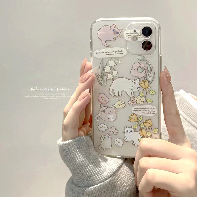 Soft Case Silikon TPU Transparan Shockproof Motif Kucing Cover Compatible for iPhone 14 13 12 11 Pro Max X Xr Xs Max SE 8 7 6 6s Plus Ins Clear Cute Garden Cat Phone Case Soft Silicone All-inclusive Shockproof TPU Phone Back Cover