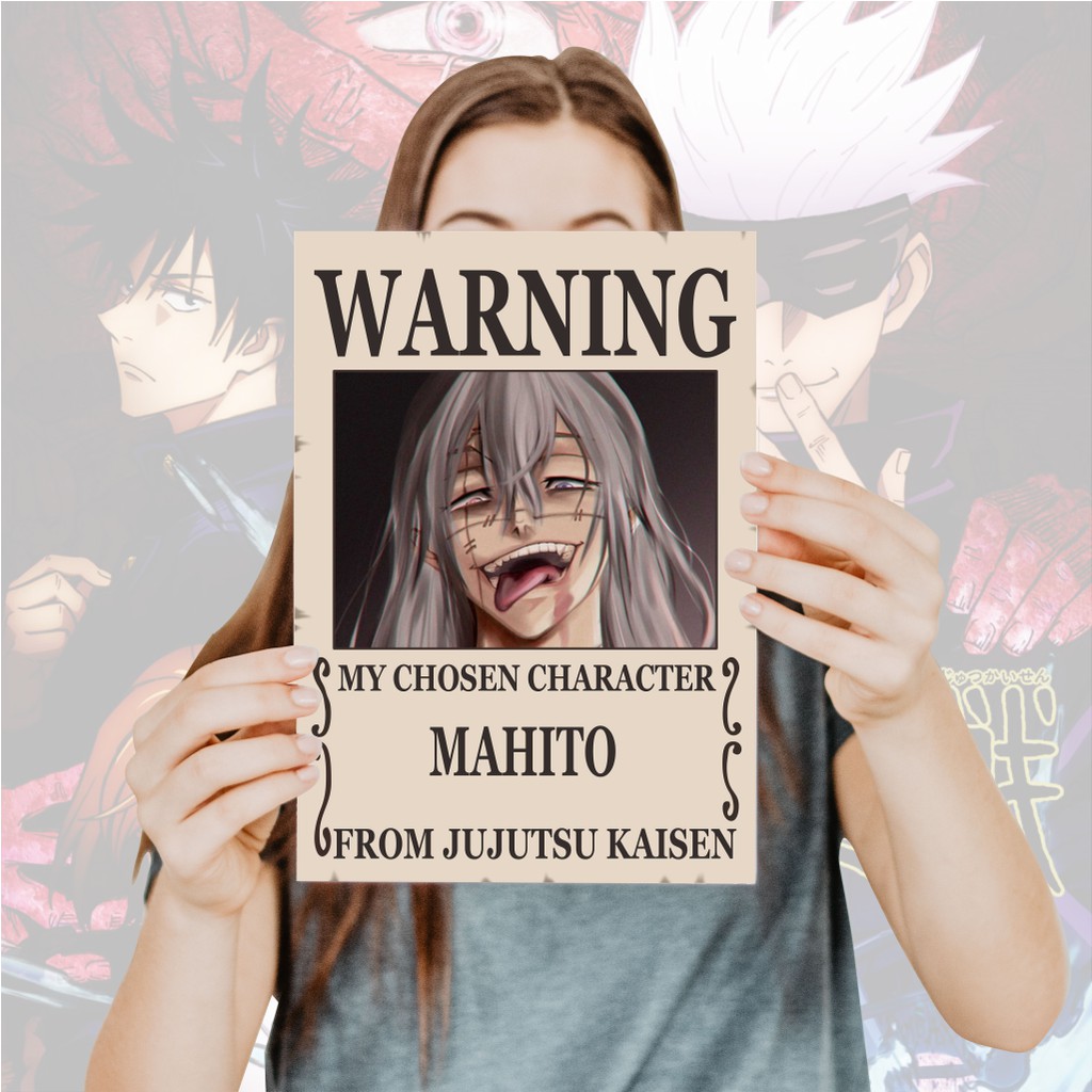 Poster Jujutsu Kaisen Warning Anime Itadori Yuji Fushiguro Megumi Gojo Satoru Sukuna- Size A4+-12 Mahito