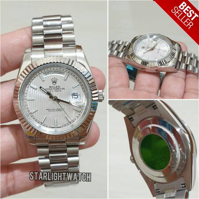 JAM TANGAN PRIA ROLEX DAY DATE AUTOMETIC SILVER WHITE DIAL