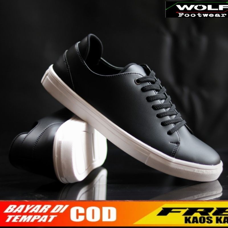 TROY BLACK |WOLF x HEROES| Sepatu Sneakers Pria Kulit Casual Hitam Kasual Sepatu Polos Sporty BW White Fullblack