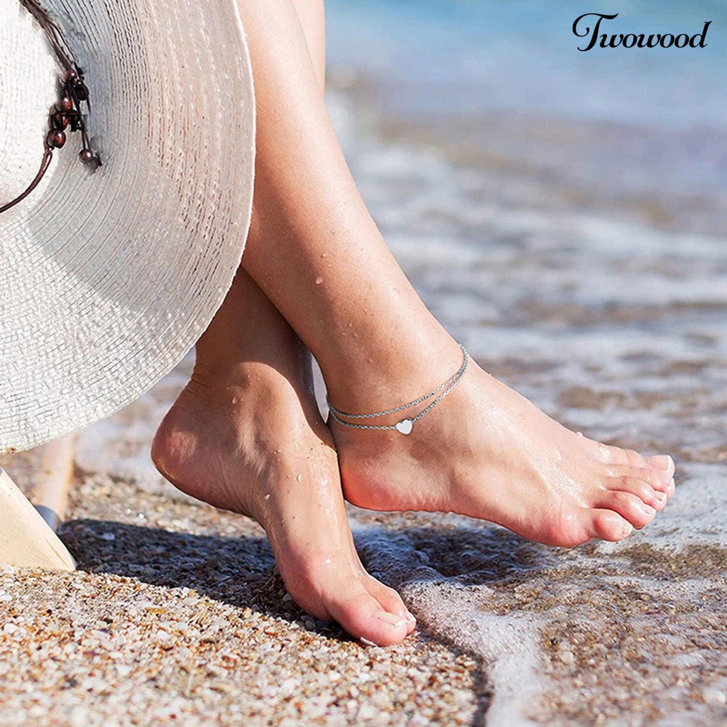 Gelang Kaki Rantai Double Layer Adjustable Portable Bentuk Hati Untuk Wanita