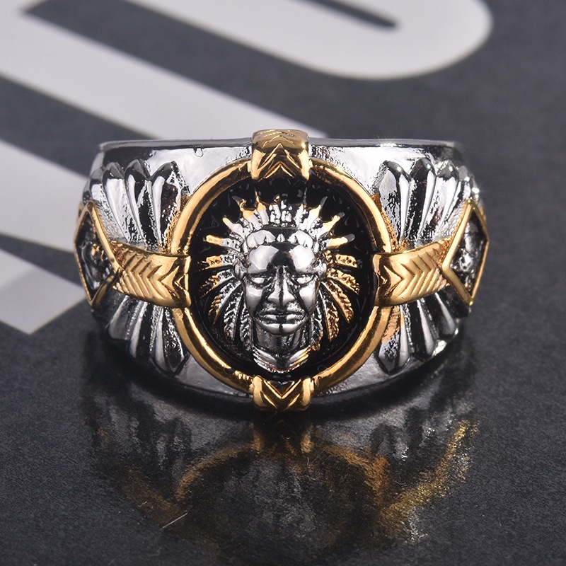 Cincin Bahan Stainless Warna Hitam Gaya Hip Hop Viking Warrior Indian Spirit Epoxy