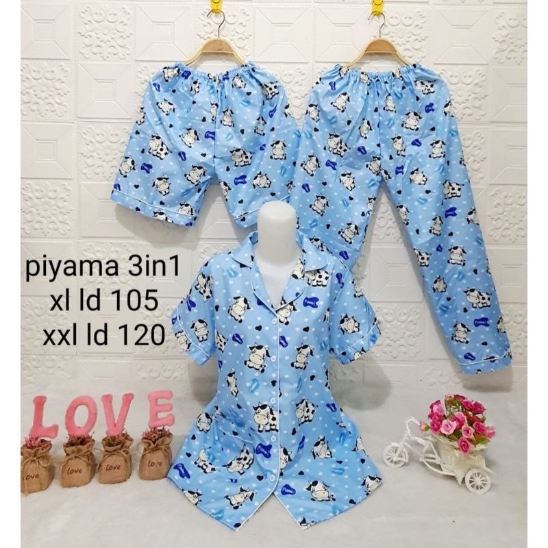 3IN1 PIYAMA MOTIF SAPI - BAJU TIDUR WANITA - PAJAMAS