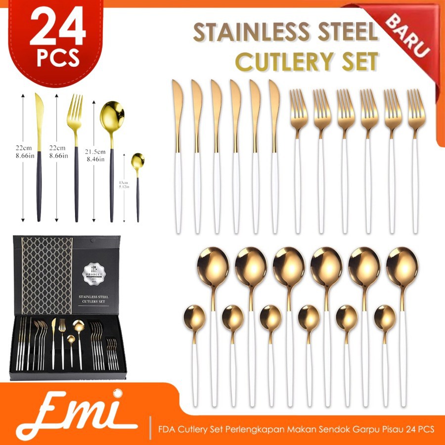 FDA Cutlery Set Perlengkapan Makan Sendok Garpu Pisau 24 PCS - TW873 - Black Gold